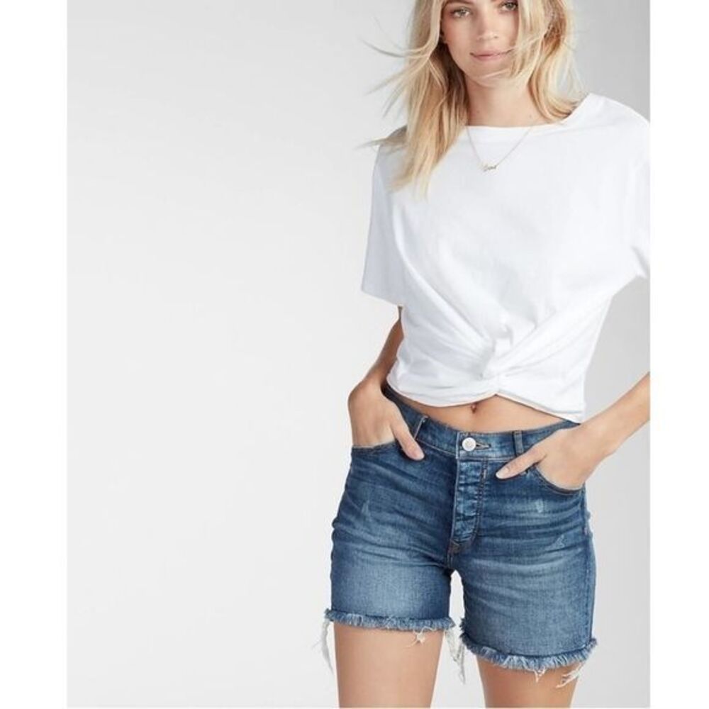Express Vintage High Rise Midi Denim Shorts Distressed Medium Wash Blue Size 18